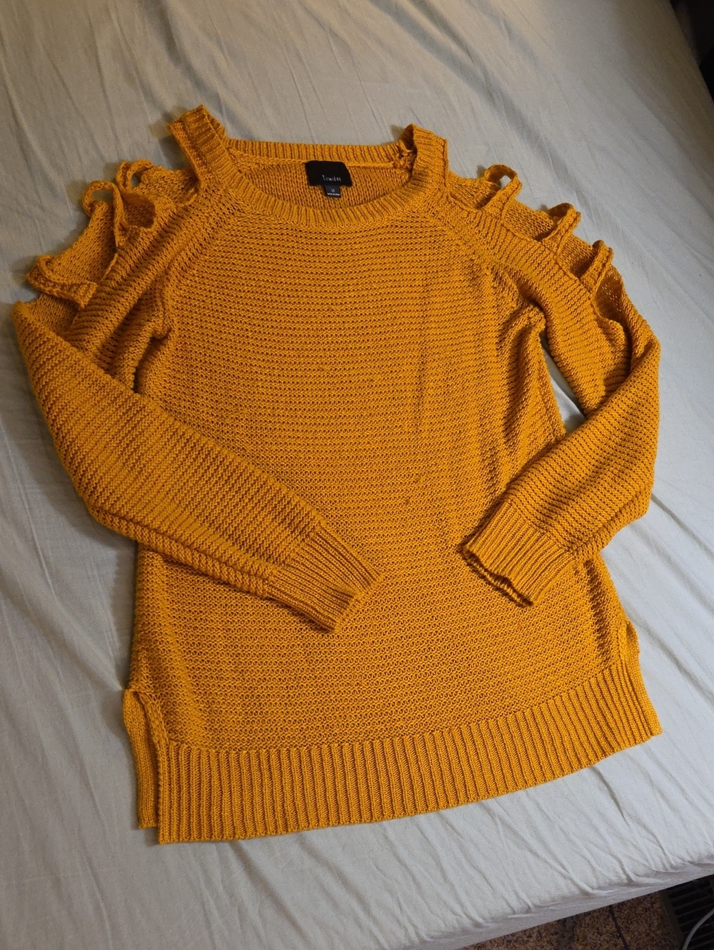 Lumiere Mustard Yellow Ruffle Cold-Shoulder Knit Sweater